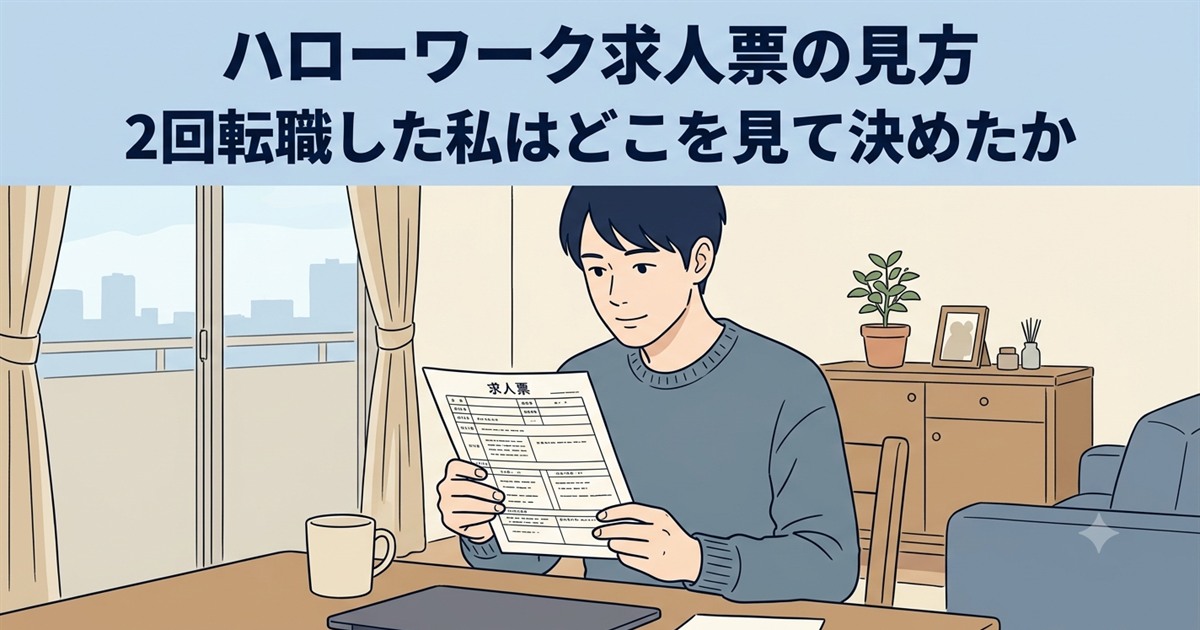 自宅のテーブルでハローワークの求人票を両手で持ち、落ち着いた表情で読んでいる男性のイラスト